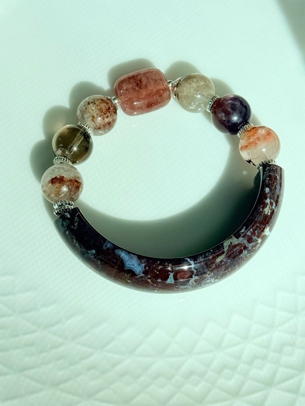 Vintage Merlot OOAK Half Bangle Bracelet | Strawberry Quartz & Natural Gemstones